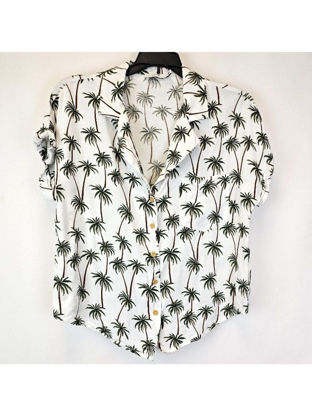 Womens S Palm Tree Top Button Up Shirt White Rayon Tropical Vacation Resort